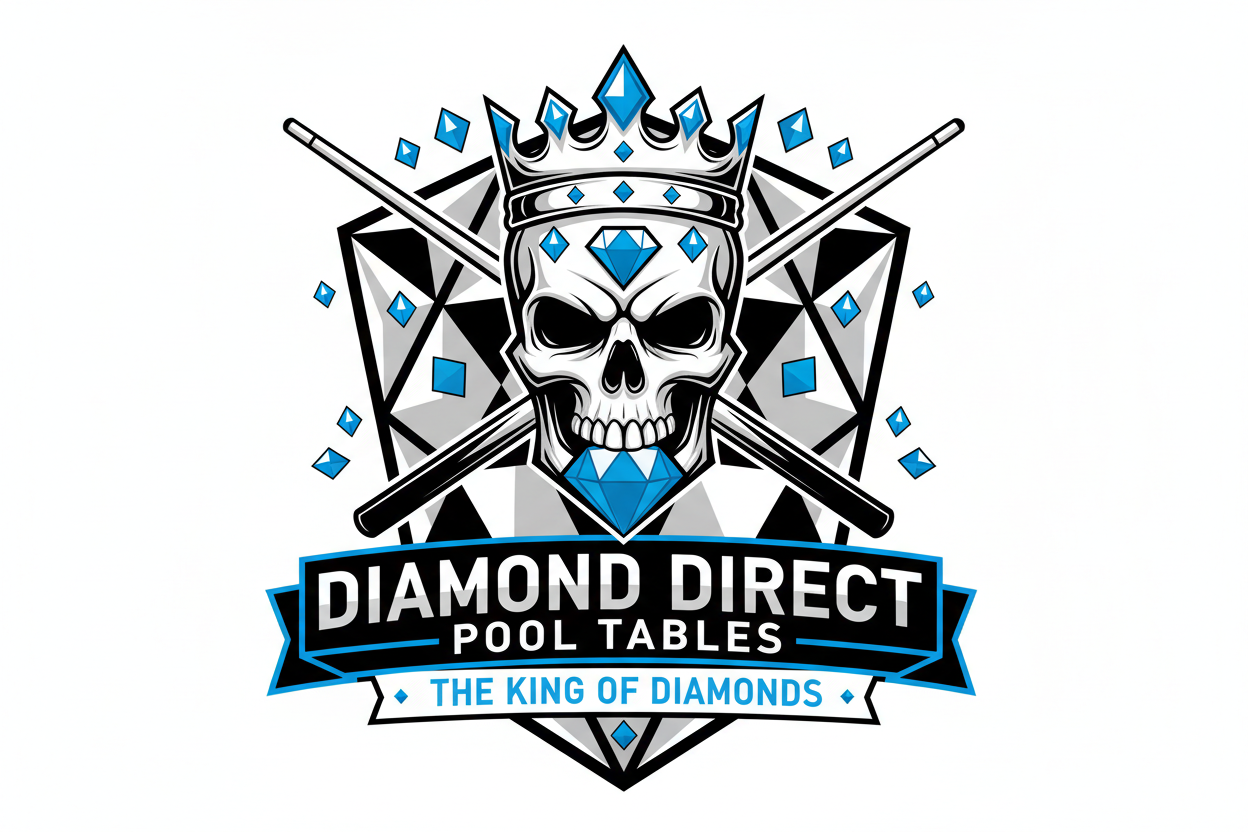 King of diamonds logo.  Diamond Direct pool Tables "The King of Diamonds" with a skull and crossbones